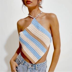 Beige Botany Aloha Crochet Halter Top With Shell Detail